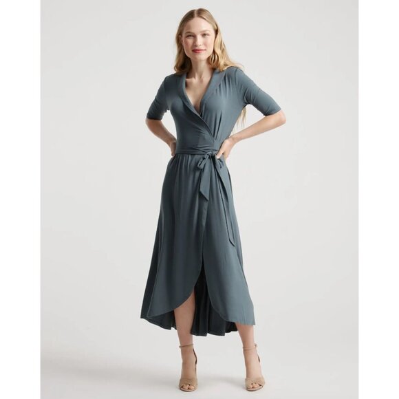 Quince Women’s Dark Olive Tencel Jersey Wrap Dress Midi sz L NWT Short Sleeve - Picture 5 of 5